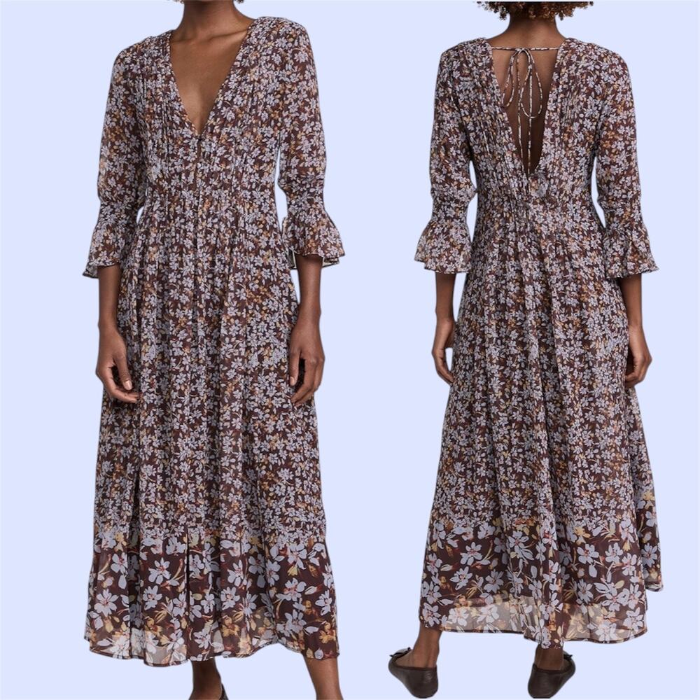 Few Moda Millie Smocked V-Neck Floral Midi Dress Coffee Size M Flowy Whymsical
